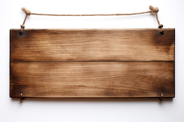 photo of a wooden plank hanging on ropes on a white background сreated with Generative Ai