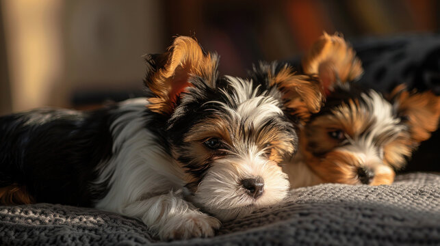 Two Yorkshire Terrier puppies enjoy a peaceful rest in sunlight.