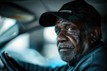 Portrait of an elderly man wearing a baseball hat driving a car.