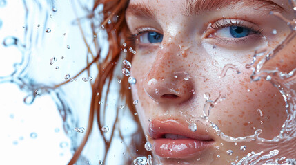 Cosmetic facial care .Water splash .Close-up face of a girl with freckles