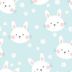 Cute bunny seamless pattern. Childish vector illustration on blue background.
