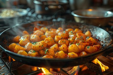 Food Potatoes cooking on stove, a delicious dish in the making