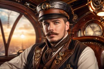 Close up portrait of young caucasian Steampunk airship captain with blue eyes, hat and moustache, seated in the aircraft cabin, wearing uniform with clocks