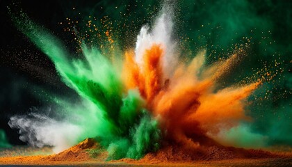 olored powder explosion. Green, white and orange colors dust on black background. Multicolored...