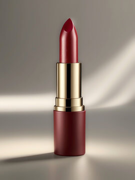 L&aacute;piz labial burdeos con acabado satinado, maquillaje  en envase dorado sobre fondo claro.