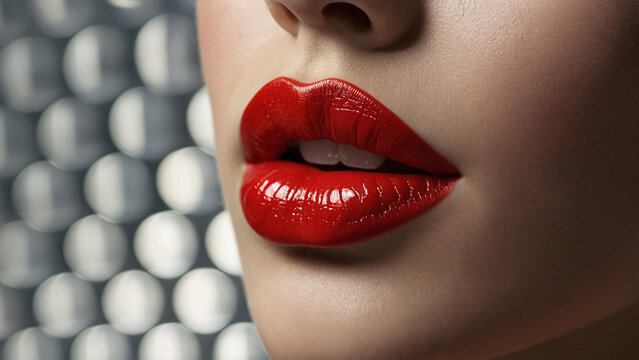 Primer plano de labios femeninos con l&aacute;piz labial rojo brillante y fondo abstracto ideal para ideas de maquillaje
