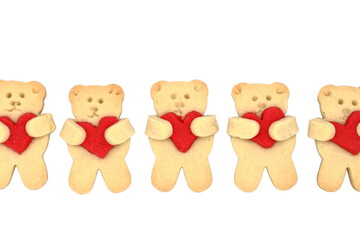 Cute cookie bears with red heart isolated on white. Valentine's day celebration