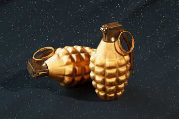 Glistening Gold Grenade on Sparkling Background Symbolizing Luxury and Danger