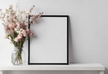 Poster frame mockup front view with transparent vase of flowers and blank copy space over the white wall