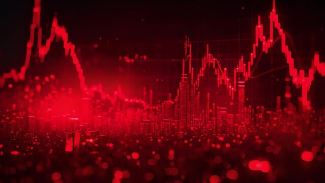 Red chart background effect. Candles of the stock market, price falls. Falling prices of securities. Loss of assets in equities stock. Decreasing trend showing unsuccessful performance and losses fail