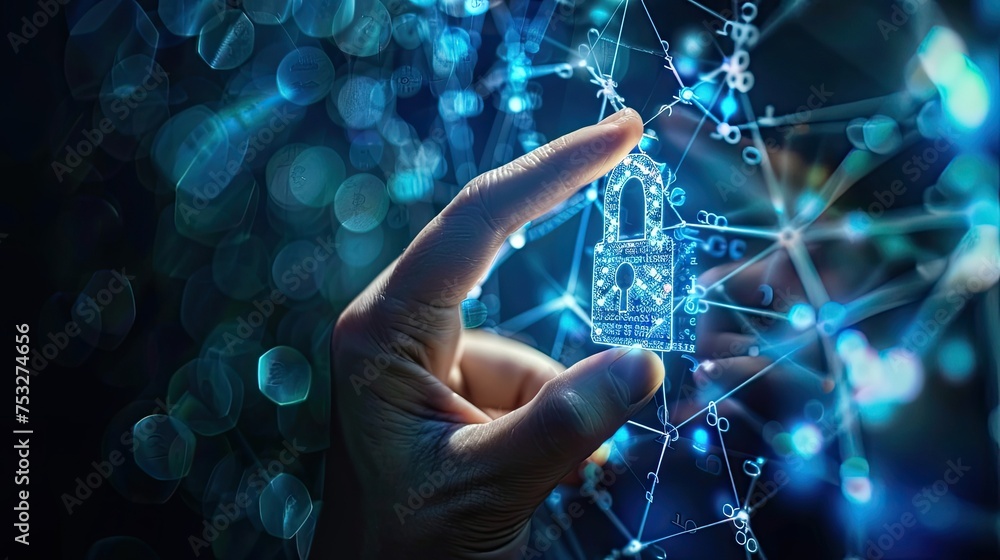 Poster hand holding a holographic data lock in a networked space, symbolizing secure access