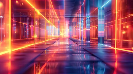 Futuristic corridor illuminated by vibrant neon lights, with a reflective floor and modern design