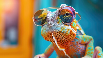 A vivid chameleon wearing sunglasses, showcasing vibrant colors and textures