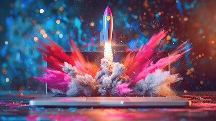 Creative digital illustration of a rocket launching from a laptop, symbolizing startup innovation