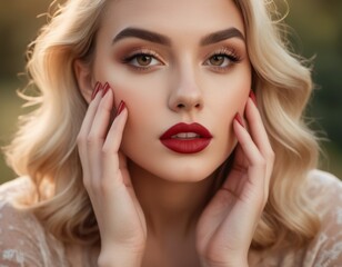 Portrait of a blonde woman with bright red lipstick and a red manicure in retro, vintage style. Close-up, against the backdrop of nature. Concept of beauty, fashion, trends, cosmetics, make-up.