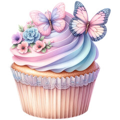 Pastel Butterfly wings with floral cupcake watercolor, Sweet dessert, Festive decoration, Isolated on transparent background. Generative AI
