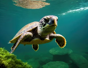 Poster green sea turtle swimming. ai generative © Saleh