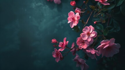 Fototapeta na wymiar Red or pink flowers on a dark background
