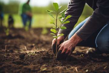 Close up of person planting a new tree in the soil in reforestation effort. Plant new trees for environment and carbon capture. Outdoor volunteering, gardening and growing concept for conservation. - obrazy, fototapety, plakaty