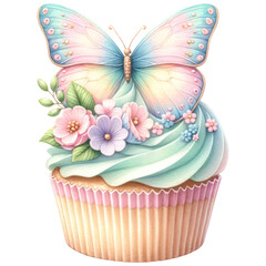 Pastel Butterfly wing with floral cupcake watercolor, Sweet dessert, Festive decoration, Isolated on transparent background. Generative AI