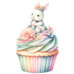 Easter egg and bunny with floral cupcake watercolor, Sweet dessert, Festive decoration, Isolated on transparent background. Generative AI