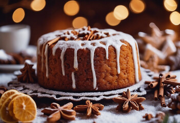 Traditional french spice gingerbread cake with honey ginger cinnamon nutmeg and annis Christmas dessert cake close up