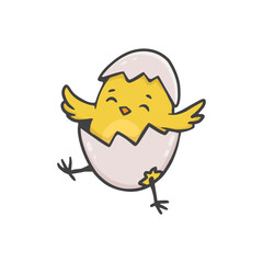 easter chick with egg. Cute cartoon chicken hatched from the egg. Doodle style. Card for easter and spring. Vector illustration