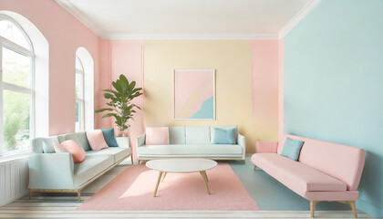 Minimalist living room with pastel pink, green and yellow colors