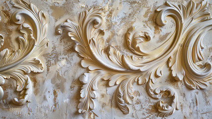 Closeup texture fragment shot of decorated ceiling with decorative golden plaster, putty with...