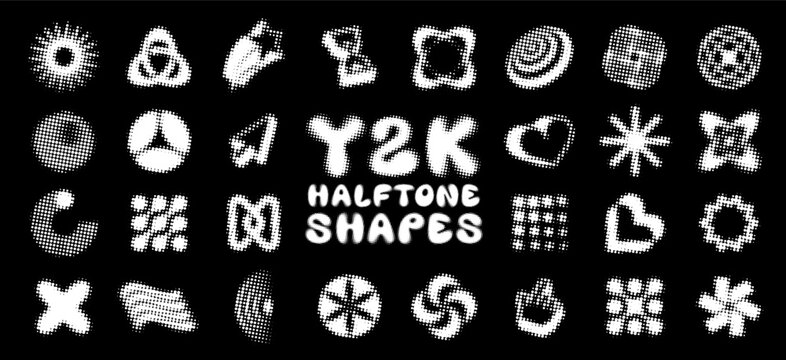 Y2K shapes, large collection of abstract elements in halftone pixel dotted style. Set of retro isolated vector symbols for 2000s aesthetic design