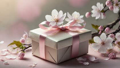 Small elegant present gift box with tiny pale pink satin ribbon decorated with blooming sakura flowers on pale pink background