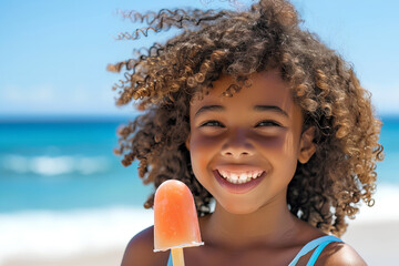 Portrait of a smiling African American girl eating a popsicle ice cream on hot summer day at the beach. Generative AI
