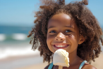 Portrait of a smiling African American girl eating a popsicle ice cream on hot summer day at the beach. Generative AI