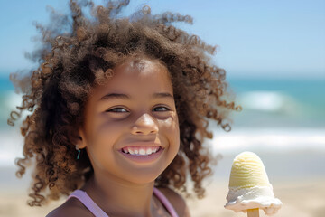 Portrait of a smiling African American girl eating a popsicle ice cream on hot summer day at the beach. Generative AI