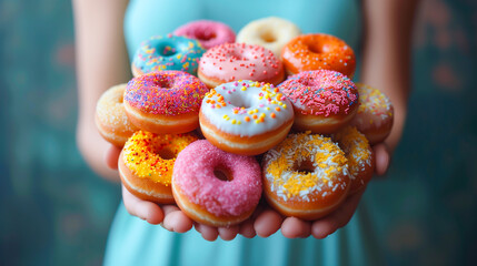 Female hands holding a pile of colorful sprinkled donuts