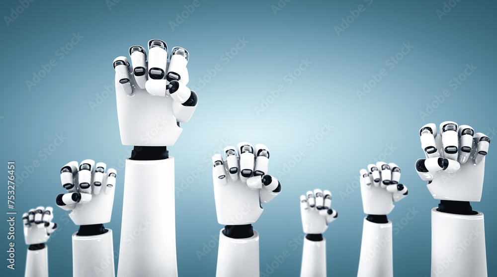 Poster xai 3d illustration robot humanoid hands up to celebrate success achieved by using ai artificial int