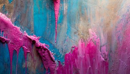 Abstract messy paint strokes and smudges on an old painted wall. Pink, purple, blue color drips,...