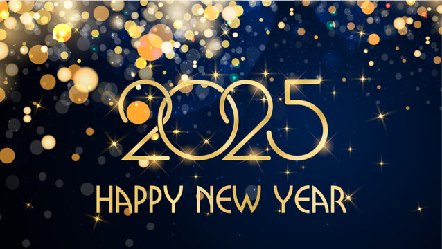 card or banner to wish a happy new year 2025 in gold on a blue background with gold-colored circles and glitter in bokeh effect at the top left