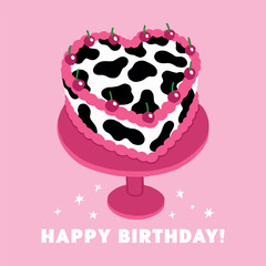 Birthday card, pink colors, heart shaped cake with cherries, cute funny design cowboy or cowgirl party