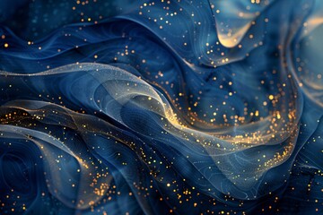 A glowing, dark blue, and gold particle abstract background with a navy blue shade. The foil texture glows with golden light. Deep Blue-Gold A creative idea for a festival. generated by AI