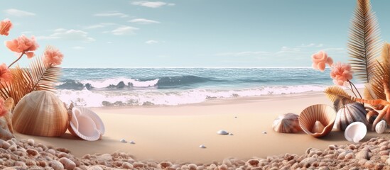 summer with , shells white sand blue sea background