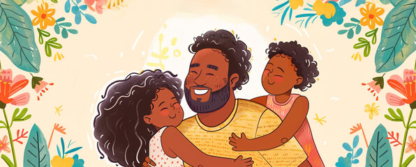 Minimalist colorful illustration of Afro American dad happy with his daughters. Colorful banner for Father's Day