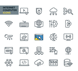 Internet computer web icons in line style. Technology, cloud, digital service, connection network, collection. Vector illustration