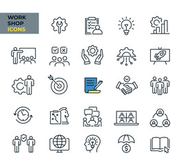 Workshop web icons in line style. Business,teamwork, partnership, training, coaching, collection. Vector illustration