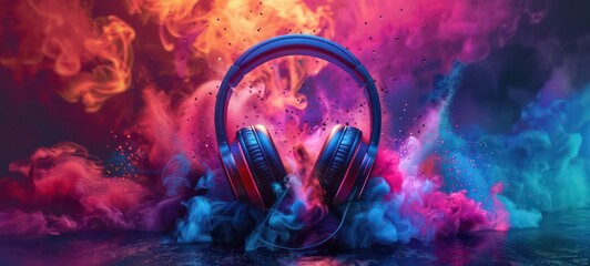 Stereo headphones exploding in festive colorful splash, dust and smoke with vibrant light effects on loud music sound - obrazy, fototapety, plakaty