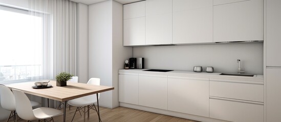 Fototapeta na wymiar Minimalist small kitchen design in one bedroom apartment with parquet floor and dining table
