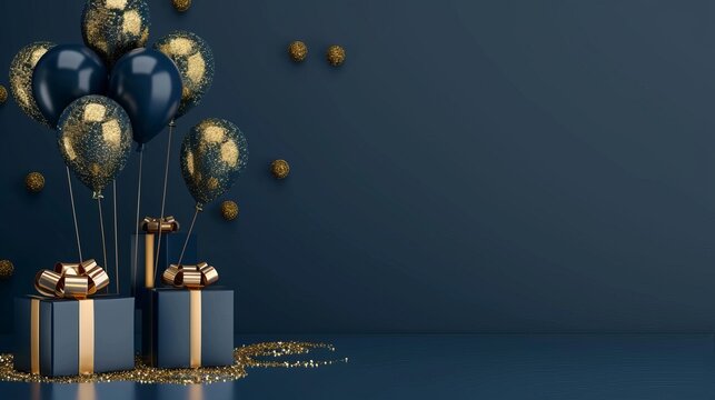 a luxurious setup with dark blue and golden sequins balloons floating gracefully amongst beautifully wrapped gift boxes