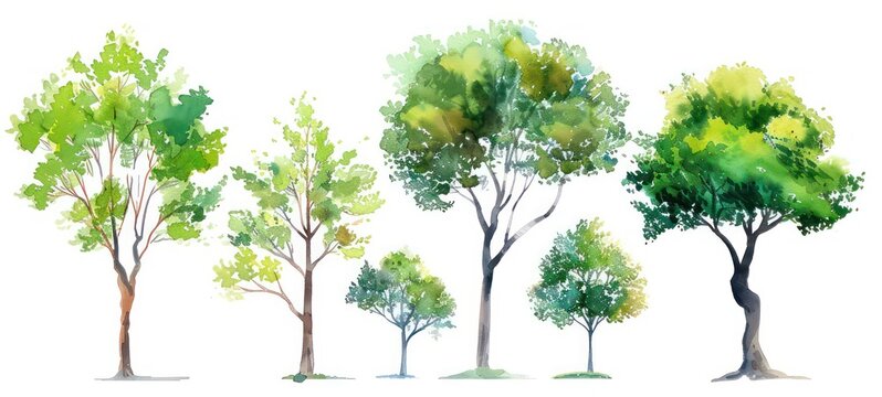 Tree set with green leaves isolated on white, tree collection, watercolor illustration
