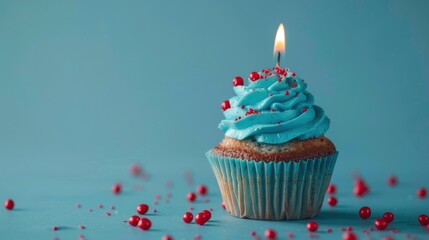 A festive blue cupcake adorned with red sprinkles and a brightly lit candle