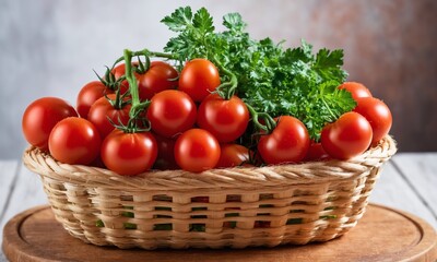 Vegetable basket, tomatoes, cucumbers, parsley, on a wooden background.